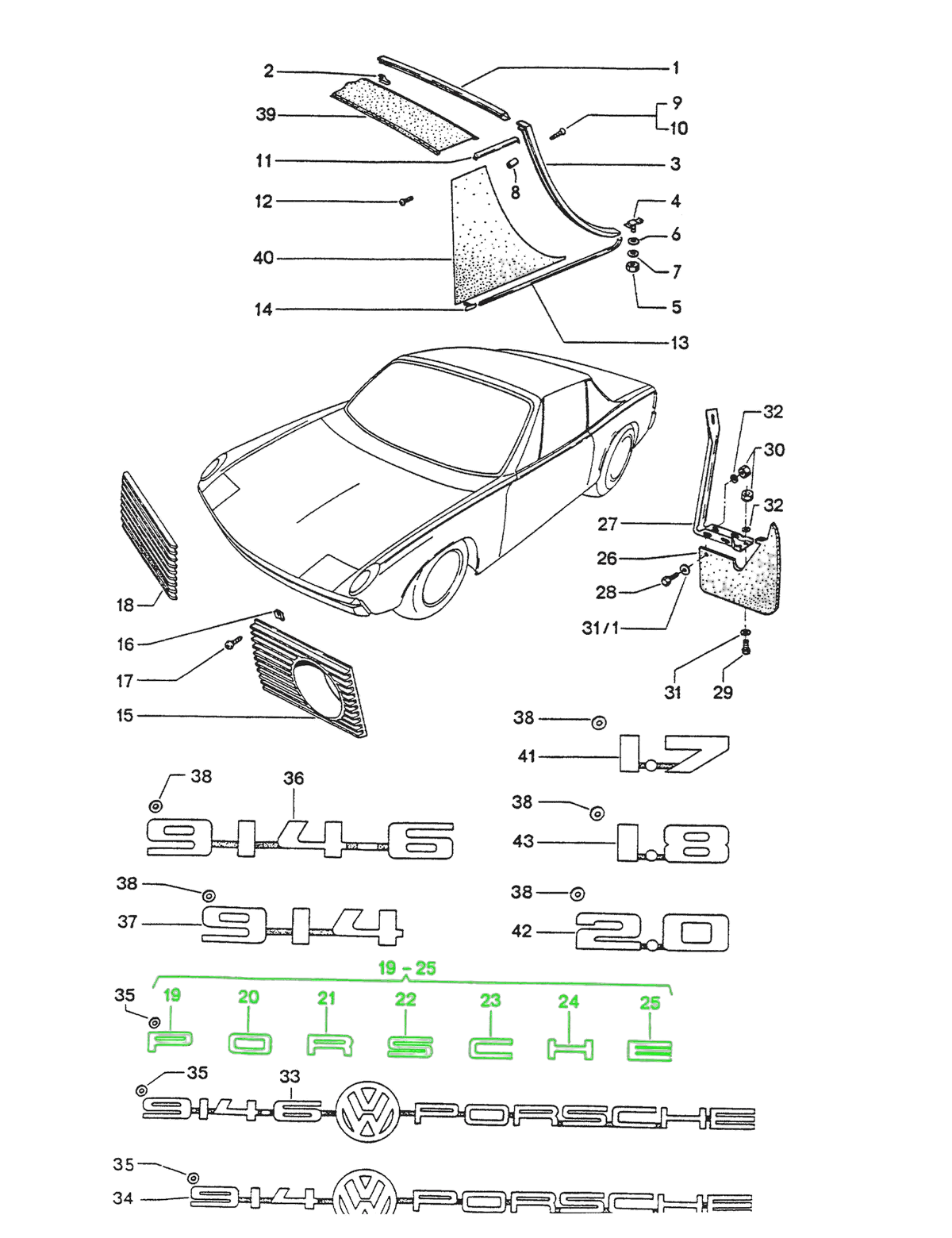 914Rubber Gold "PORSCHE" Deck Lid Letter Set with Hardware for Porsche 914 (70-71) - Image 3