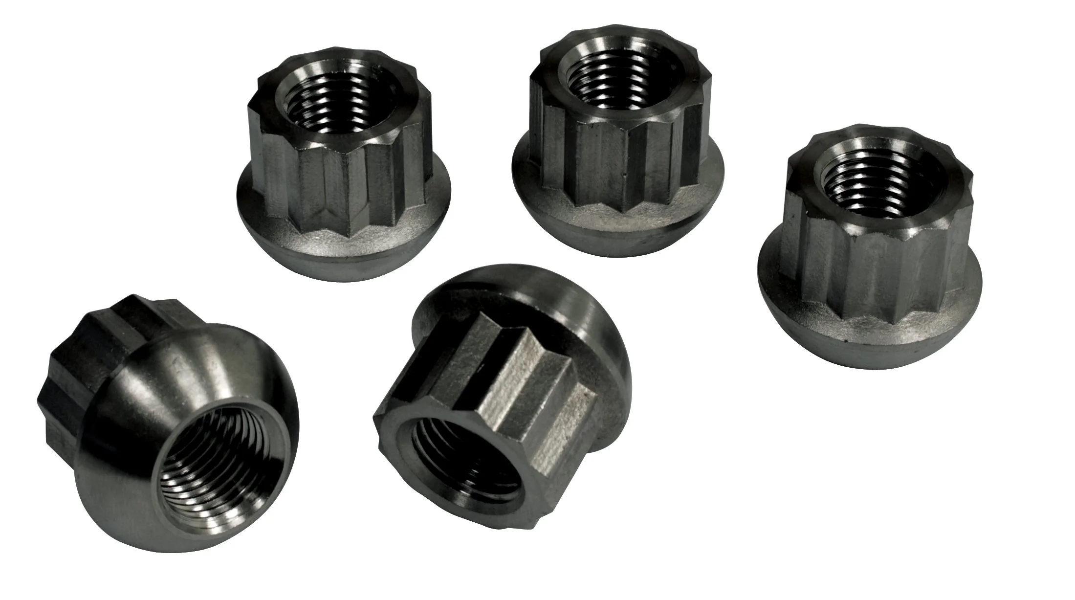 12 Point Porsche Style Alloy Lug Nuts, Black, Ball Seat, M14x1.5, Set of 5