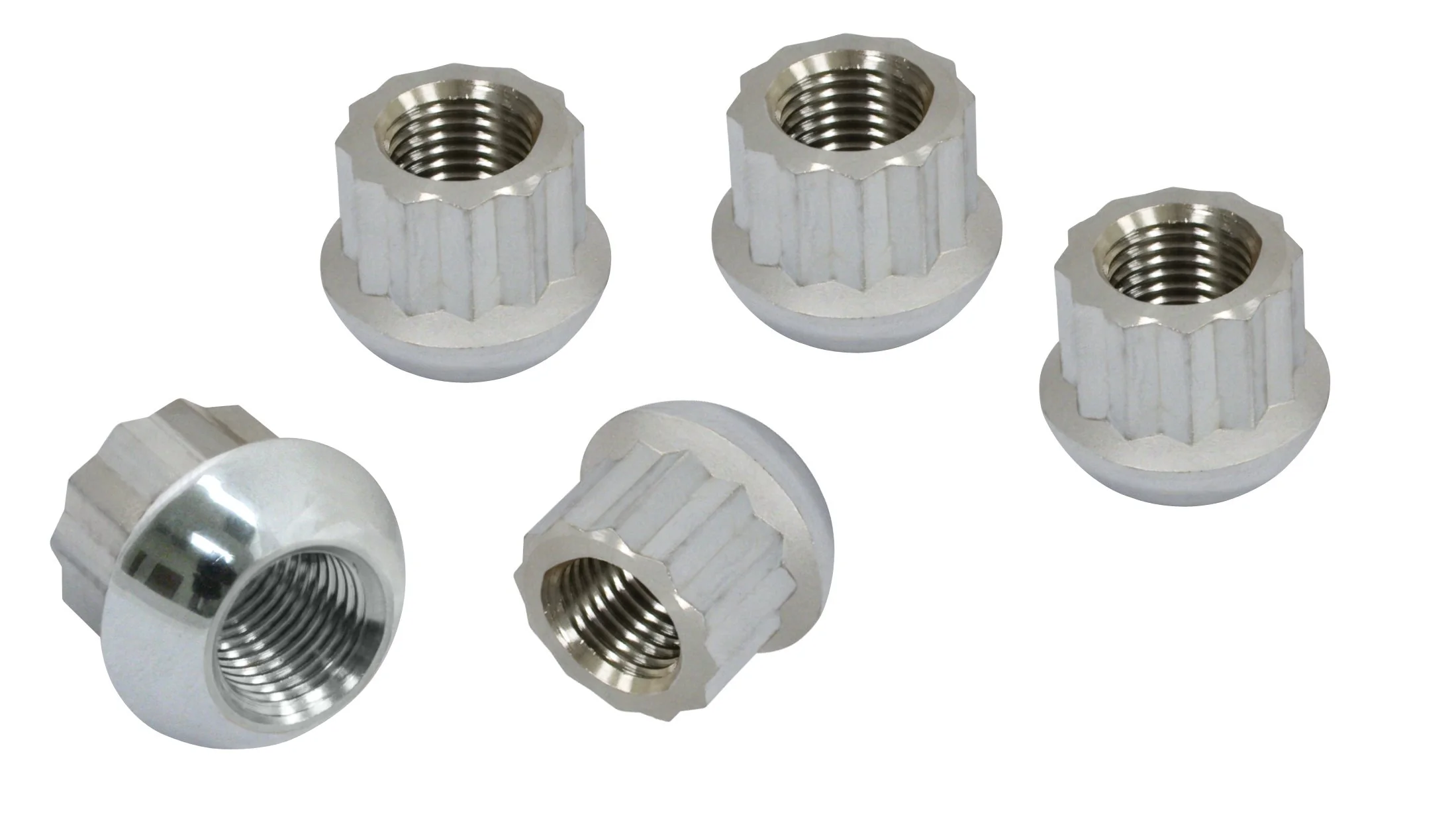 12 Point Porsche Style Alloy Lug Nuts, Chrome, Ball Seat, M14-1.5, Set of 5